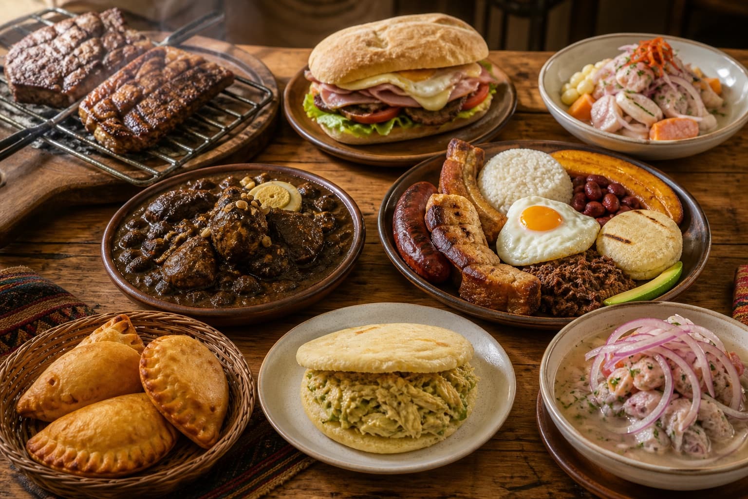 Platos de los cuartos del Mundial de las Comidas de Ibai 2026: asado, chivito, ceviche, pepián, bandeja paisa, arepa, salteñas y encebollado